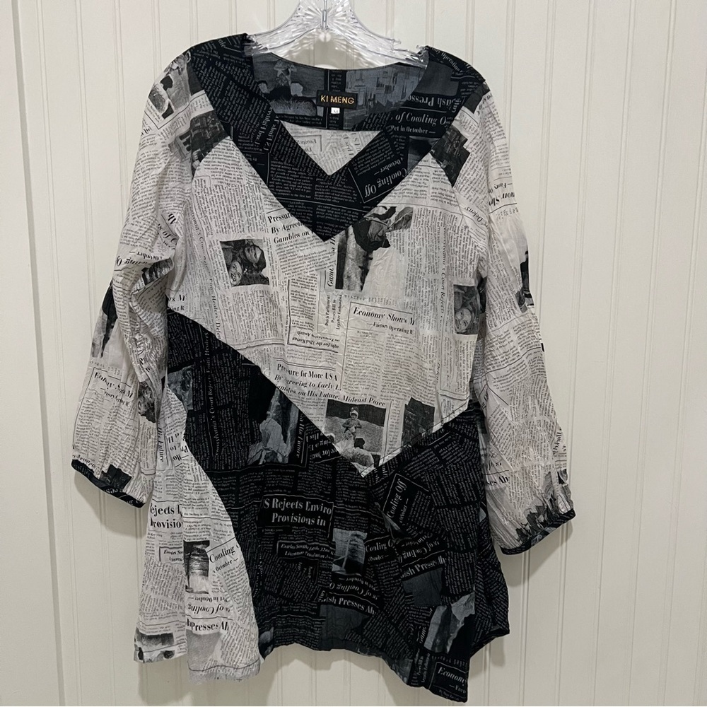Ki Meng Artsy  Newspaper Print Blouse Tunic Lagenlook
